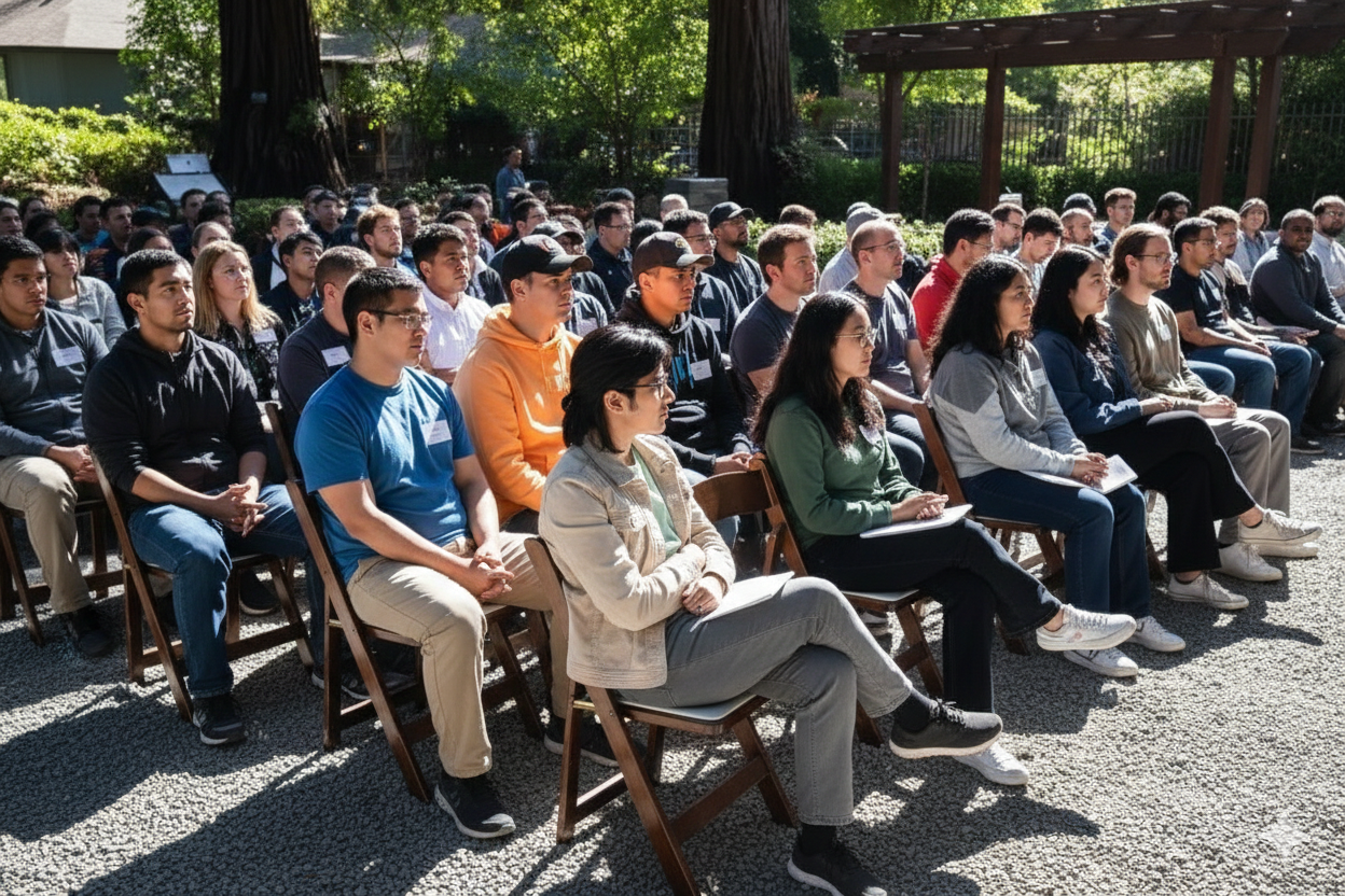 Team gathering under redwoods at Redwood Event Center